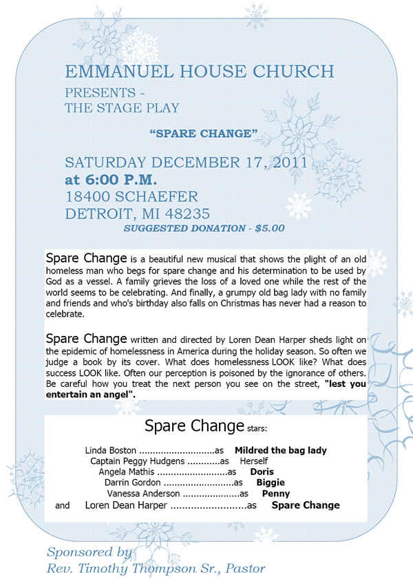 DEC 17: Emmanuel House Church presents SPARE CHANGE